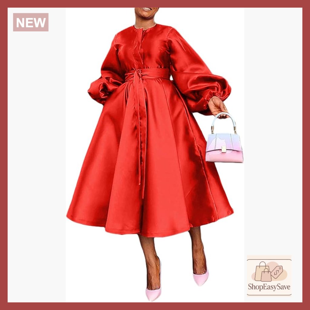 Satin Long Sleeve A-Line Cocktail Dress With Belt Flowy Formal Elegant